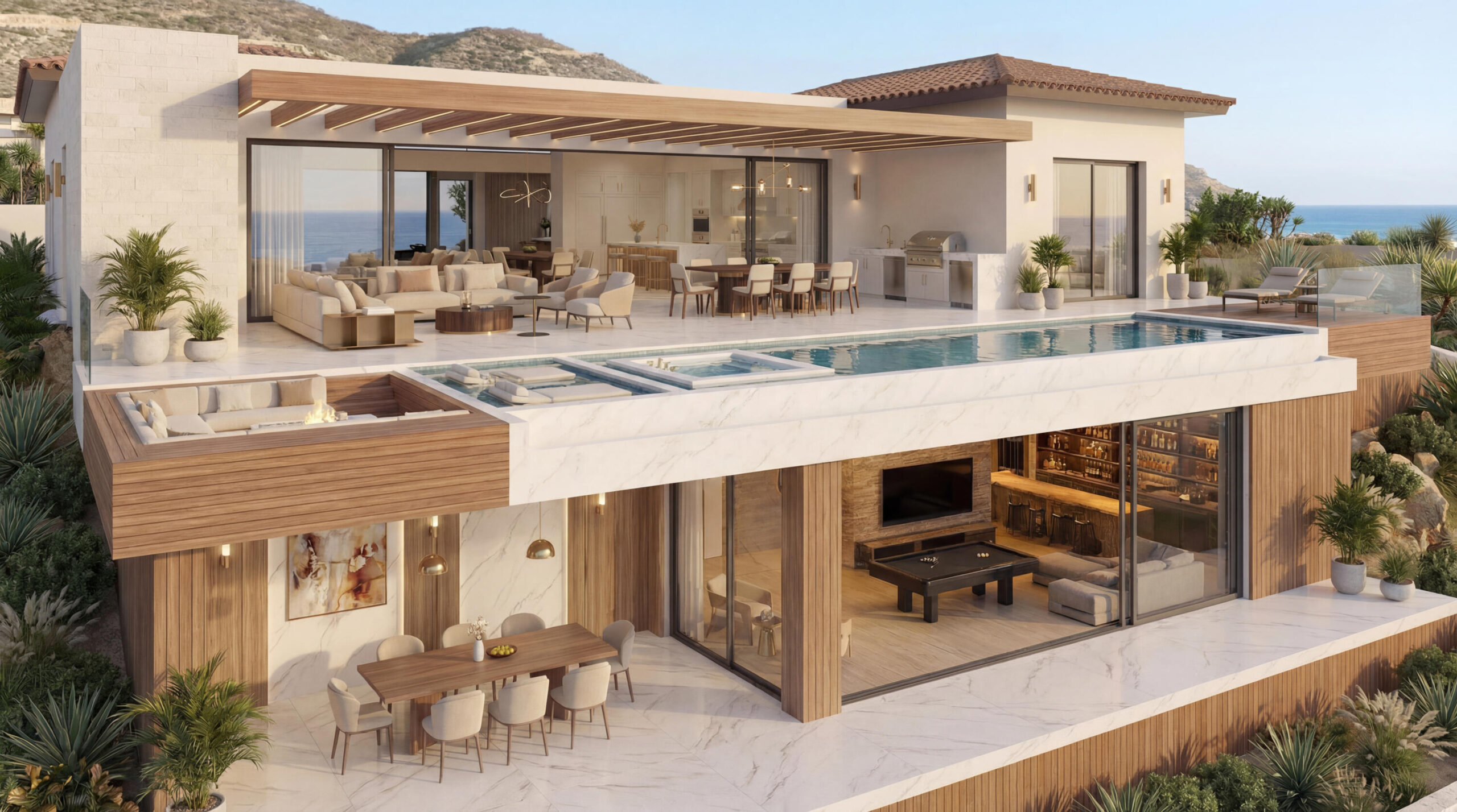 Cabo Golf La Caleta A once-in-a-generation legacy estate, never before on the market, this iconic beachfront residence offers incomparable prestige on the sands of Palmilla Bay, one of Cabo's most coveted and swimmable beaches. Set on a rare half-acre parcel directly on the water, the home features six bedrooms, six and a half baths, plus a full attached apartment, all executed in classic Palmilla style with timeless elegance and modern comfort. From the moment you enter, the architecture reveals its intention: a grand foyer flows effortlessly into an open living area and bar, framed by soaring ceilings and vast windows that disappear into the Baja breeze. The interiors dissolve into the outdoors, unveiling a dramatic terrace that cascades to a manicured lawn, infinity-edged pool, waterslide, spa, and expansive entertaining pavilion designed for unforgettable gatherings beneath the stars.The second level hosts two principal suites, each opening to a vast private terrace with sweeping for sale