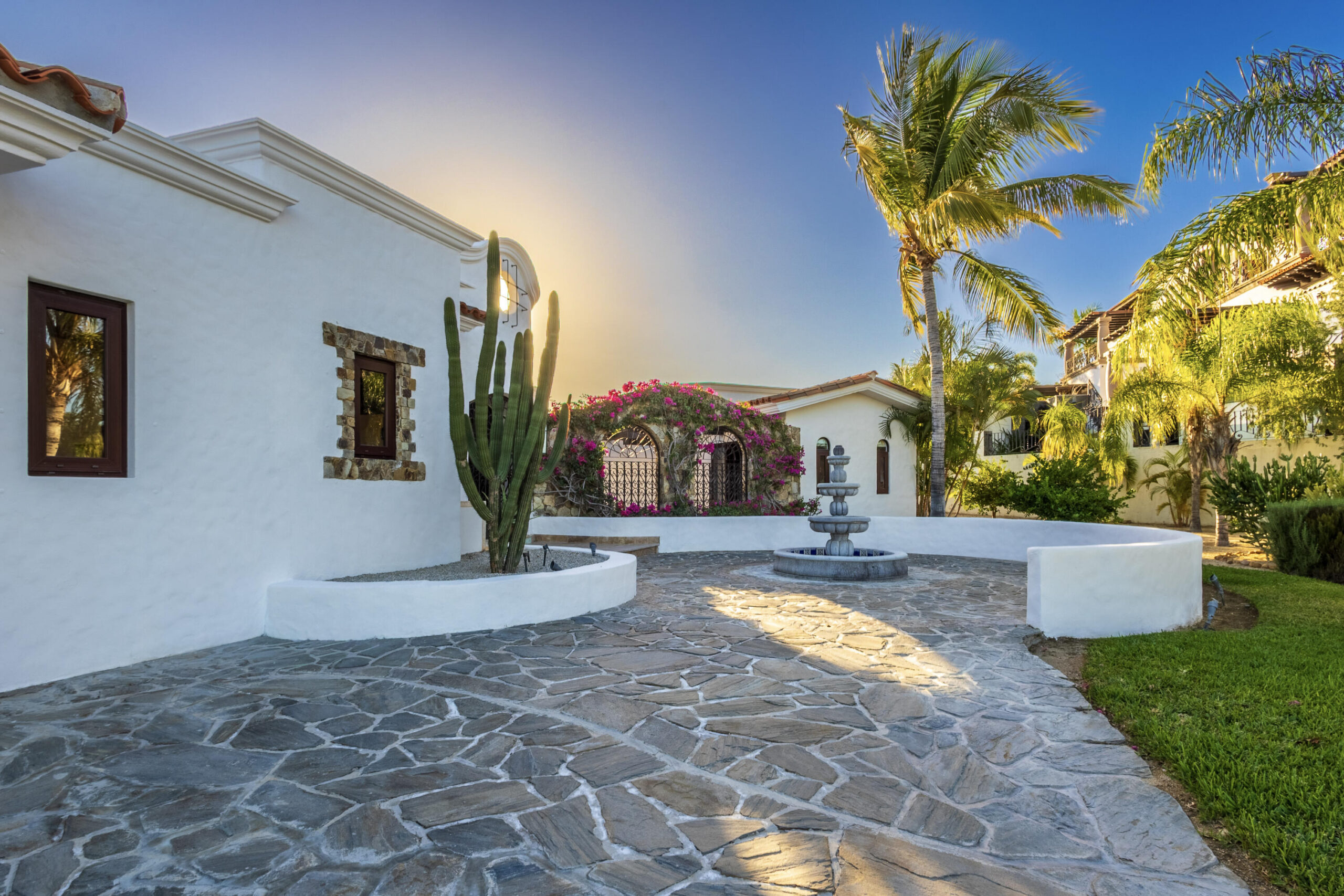 Cabo Golf Golf Villas Set along the lush Bermuda fairways of the Tiger Woods-designed Oasis Short Course, this exceptional five-bedroom hacienda-style residence blends classic Mexican architecture with refined contemporary luxury. A grand central courtyard opens to an expansive great room that flows seamlessly to a private terrace with heated pool, palapa swim-up bar, and fire-pit lounge overlooking the Oasis par-three course. Designed for effortless entertaining, the home features multiple indoor and outdoor living spaces, a gourmet kitchen, and a covered outdoor grill ideal for hosting family and friends. As a Legacy Club home at Diamante Cabo San Lucas, ownership provides access to championship golf, the iconic Crystal Lagoon®, spa, beach club dining, and miles of Pacific coastline. for sale